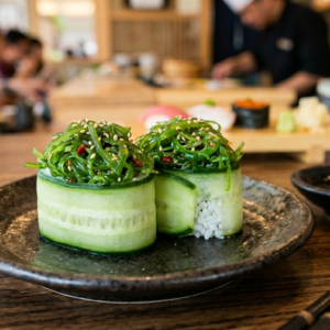 gunkan maki zawinięte w ogórek  z sałatką wakame