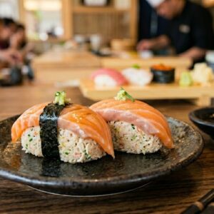 nigiri z łososiem z sałatką krabową zamiast ryżu